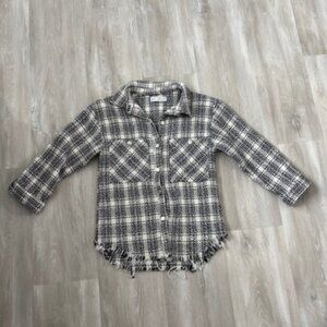 ZARA Navy Blue & White Tweed Fringe Trim Oversized Button Front Shacket Size 10